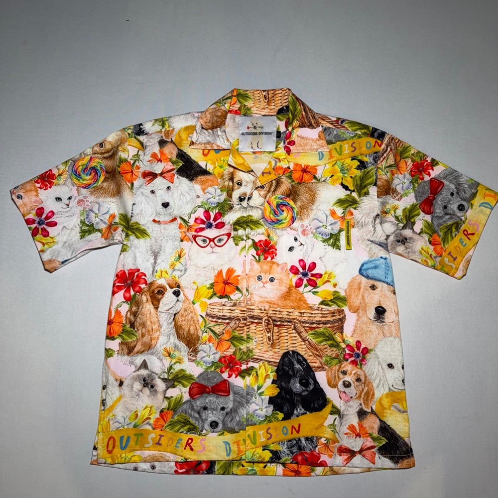 Outsiders Division Shirt Mens Medium Multicolor Cat Dog Festival Kitschy EUC - Picture 2 of 15